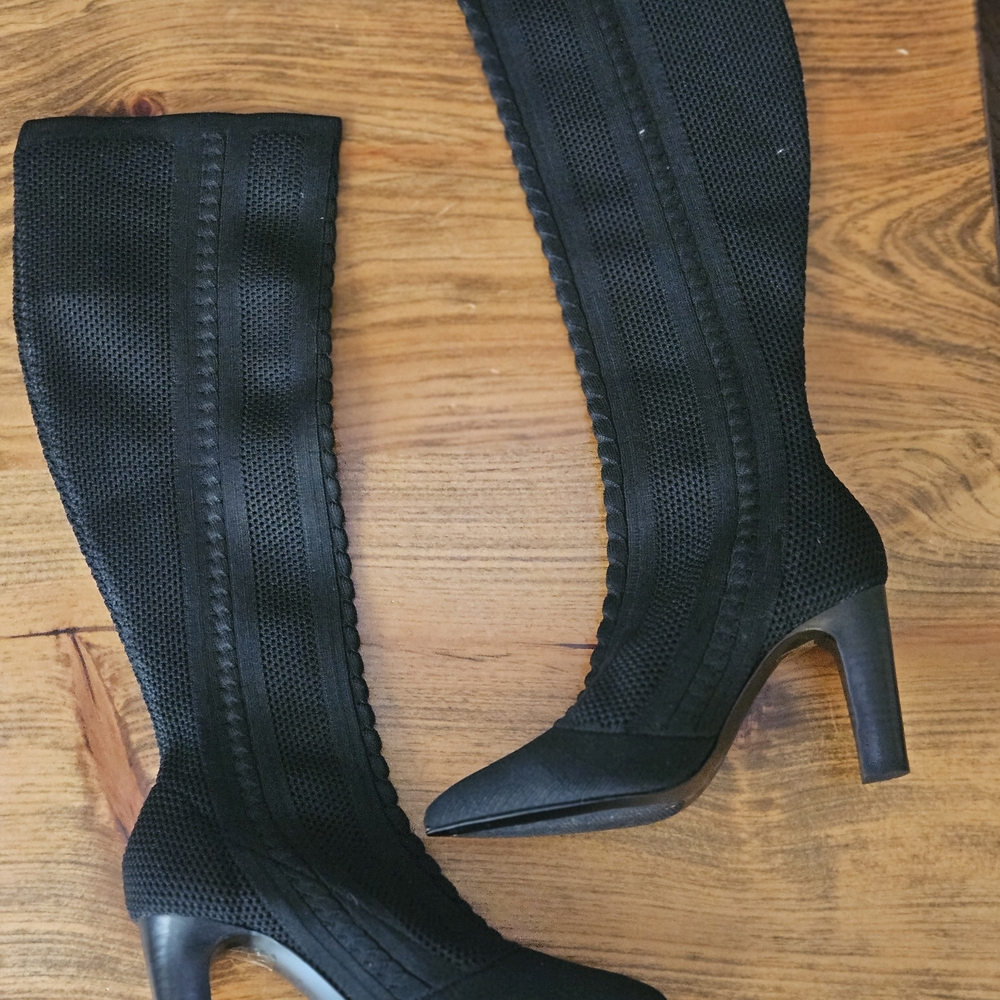 Charles David Black Stretch Textured Heeled Knee Boots - Picture 2 of 7